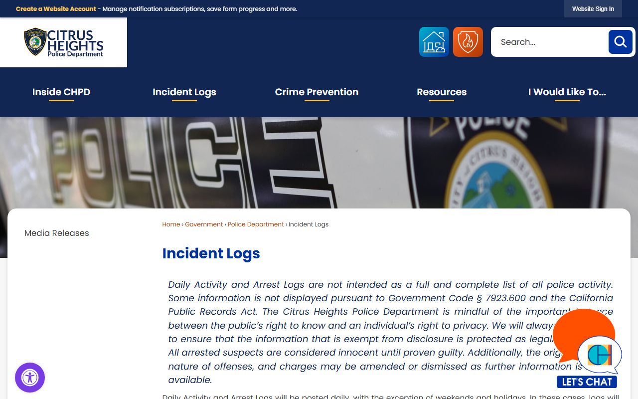 Citrus Heights Police Department incident logs database