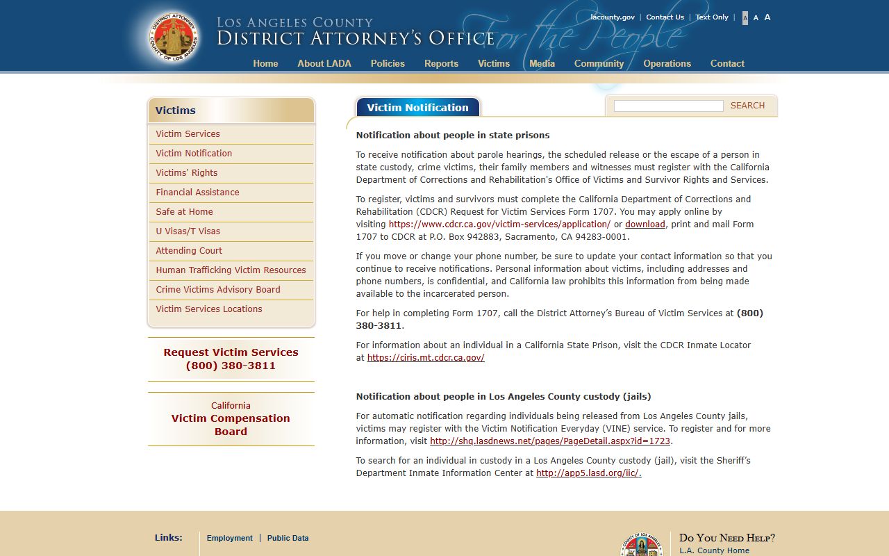 Los Angeles County District Attorney victim notification services