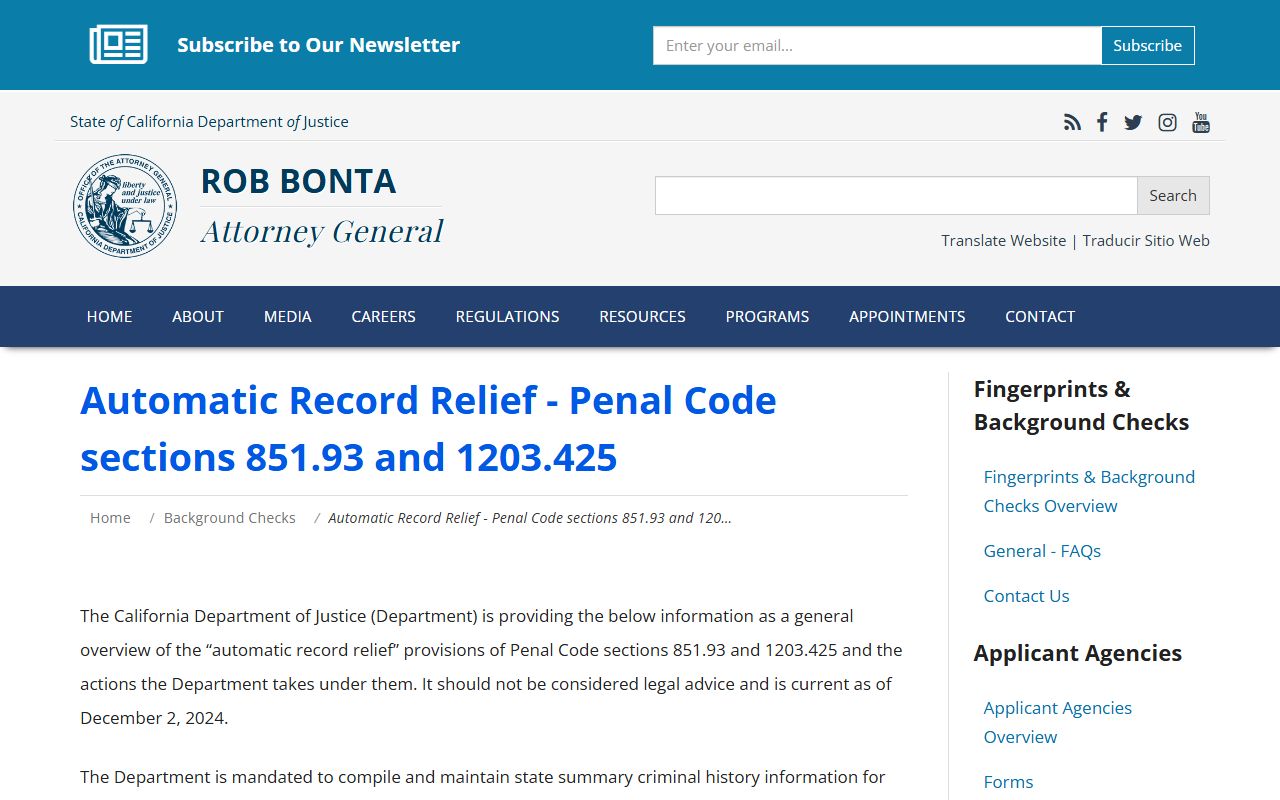 California DOJ automatic record relief information