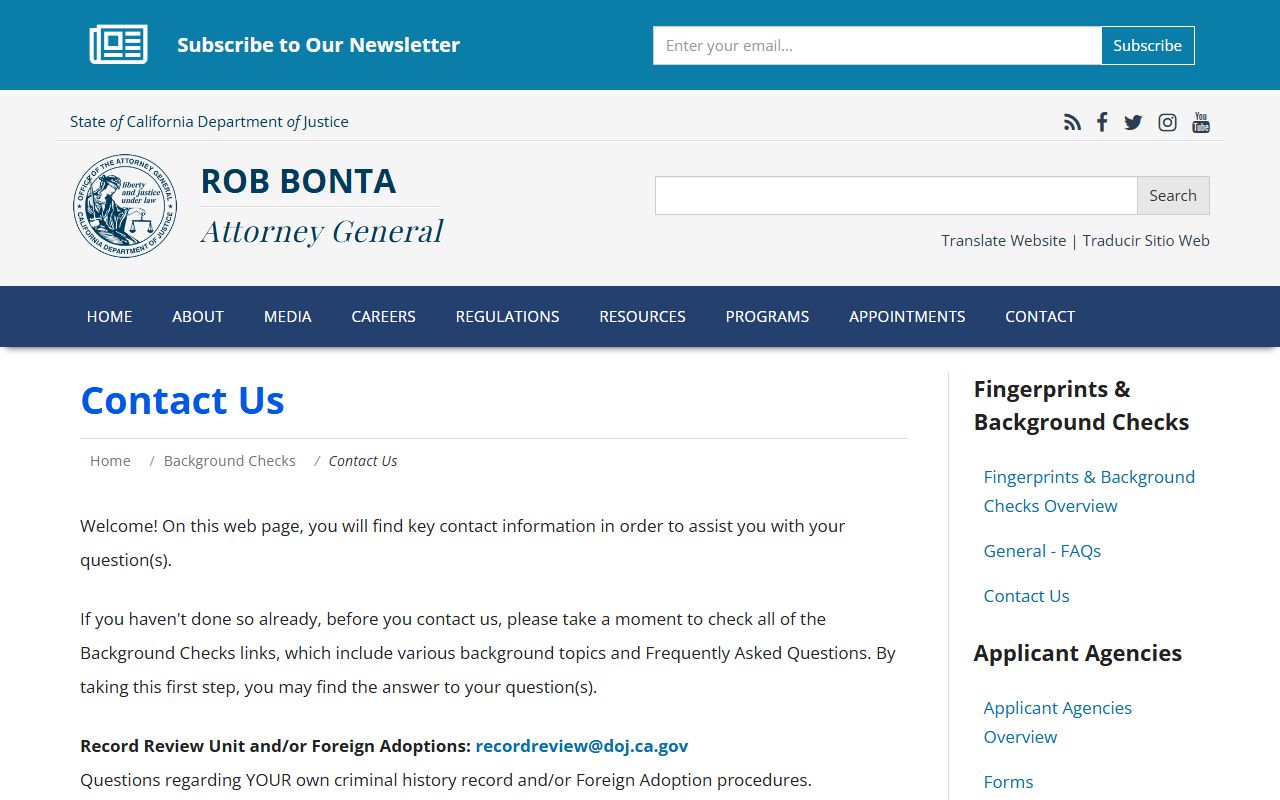 California DOJ contact information for arrest records