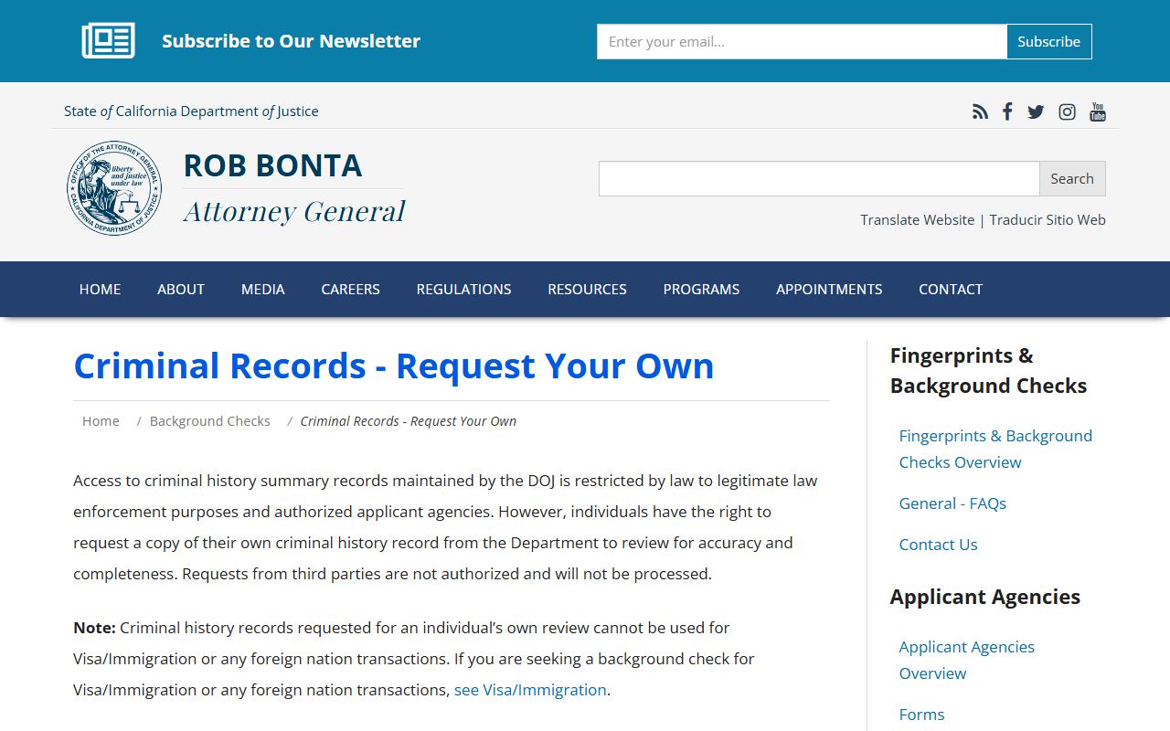 California DOJ Record Review request page for arrest records
