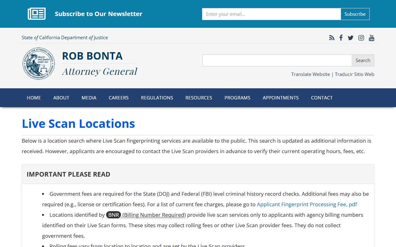 California DOJ Live Scan locations database for fingerprinting