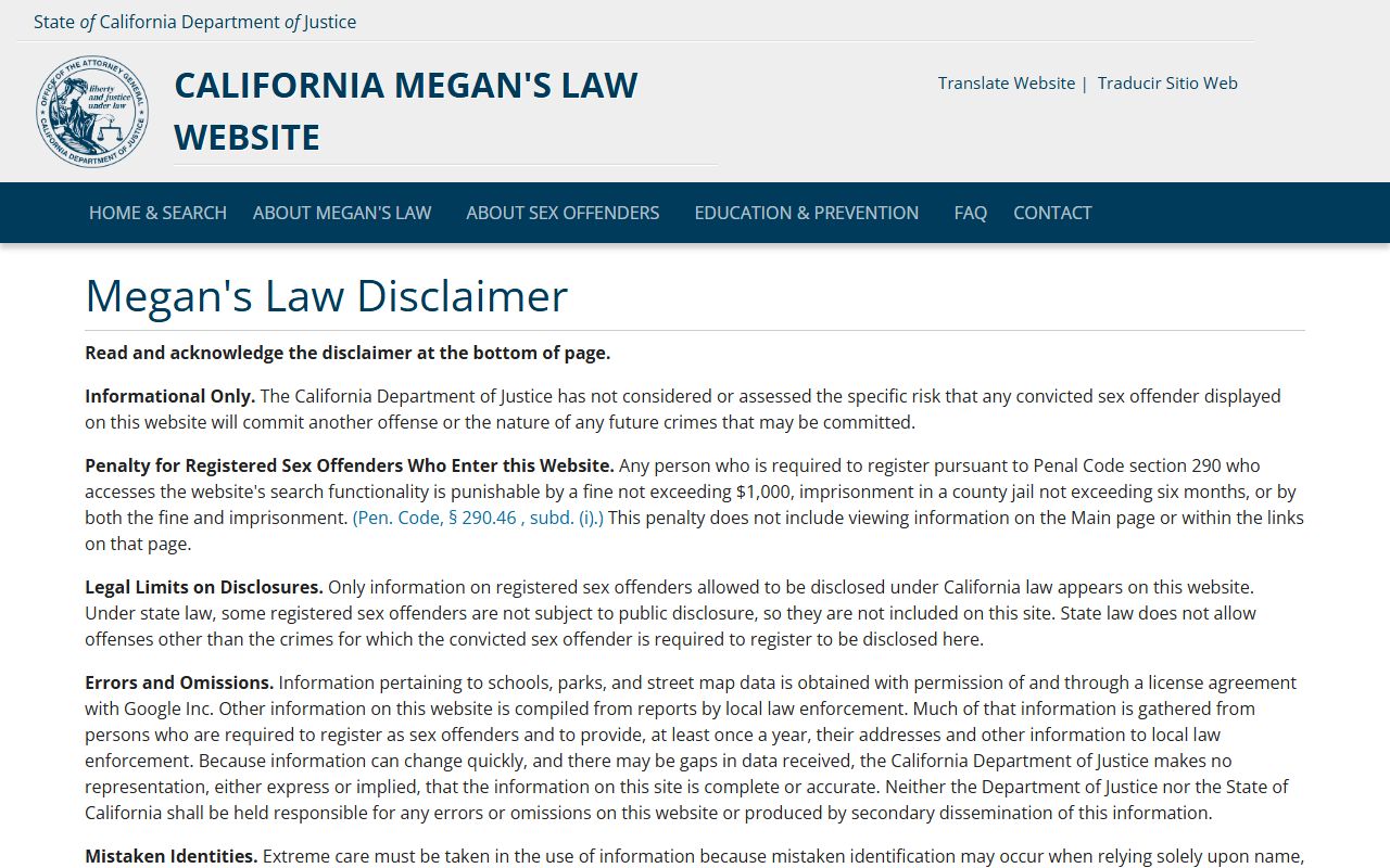 California Megan's Law sex offender registry